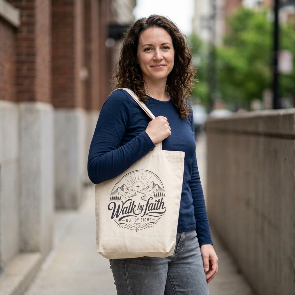 Walk by Faith Tote Bag | Christian Scripture Cross Mountain Design