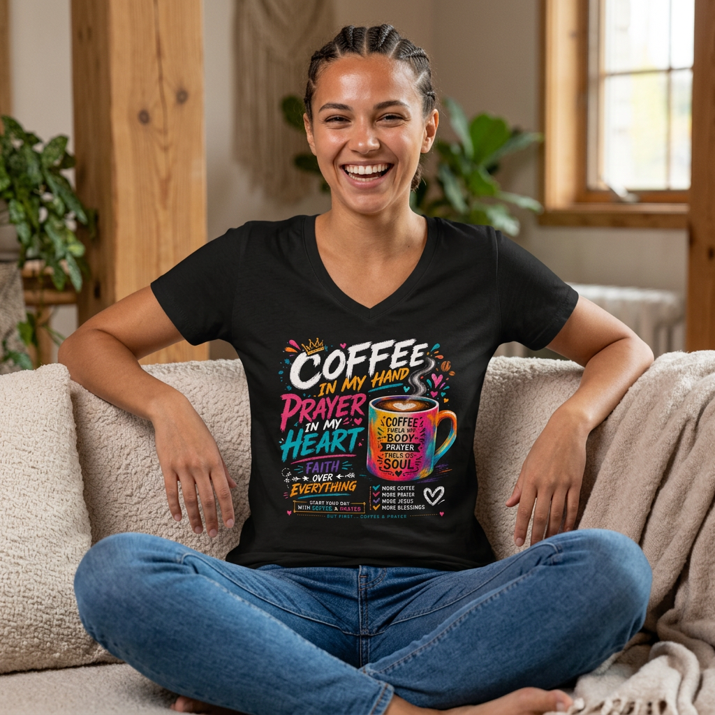 Prayer & Coffee V-Neck Tee — "In My Hand: Prayer, Heart, Faith" Inspirational Women's Shirt