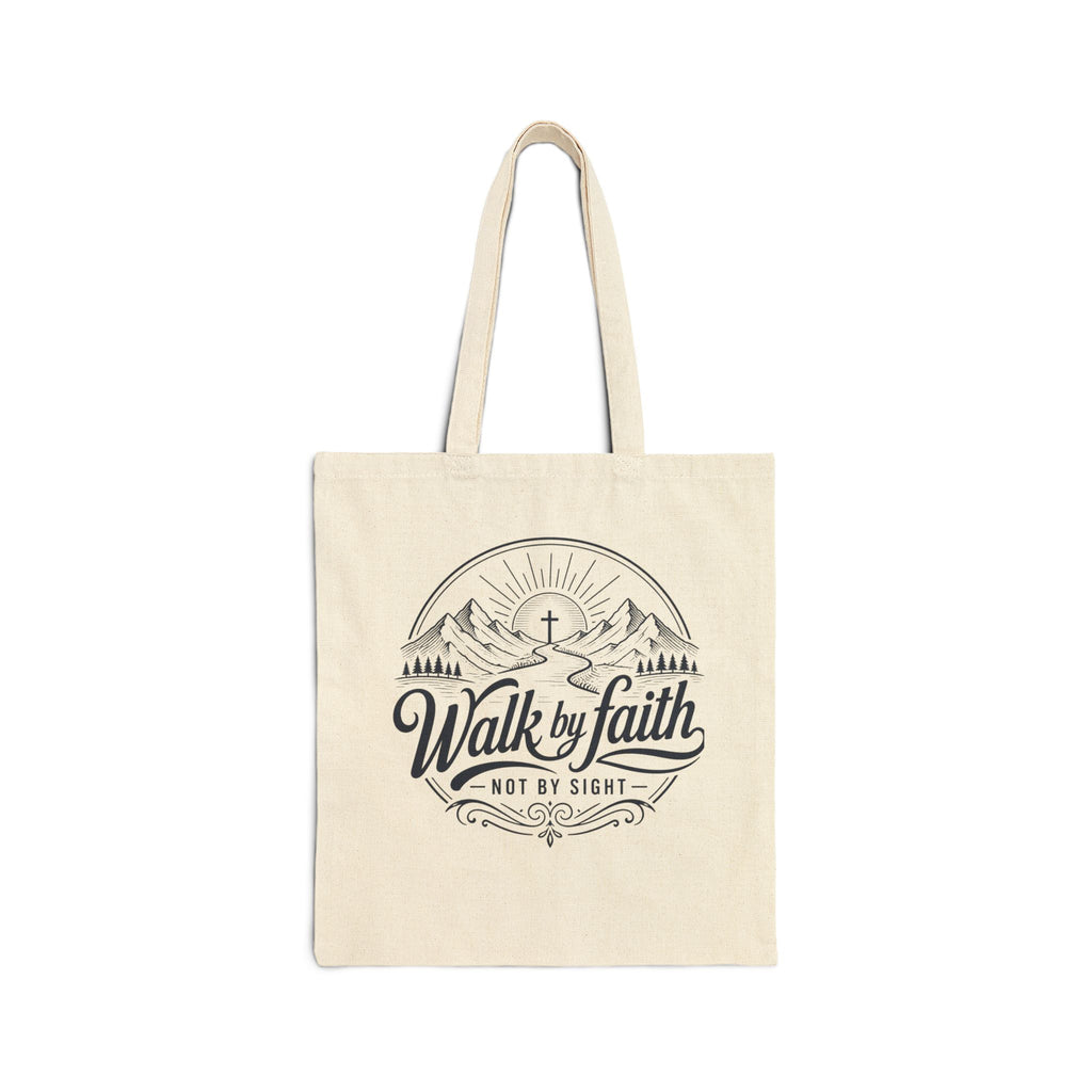Walk by Faith Tote Bag | Christian Scripture Cross Mountain Design