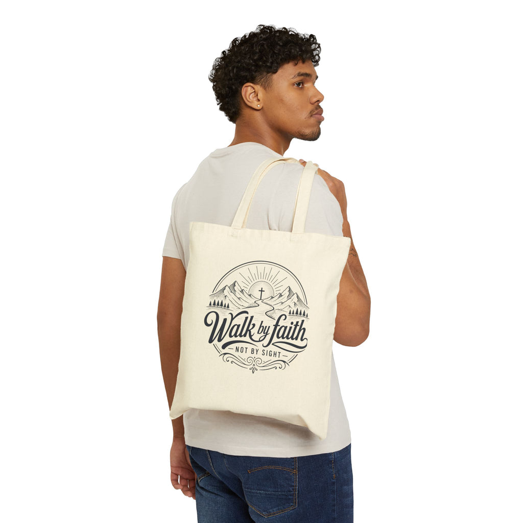 Walk by Faith Tote Bag | Christian Scripture Cross Mountain Design