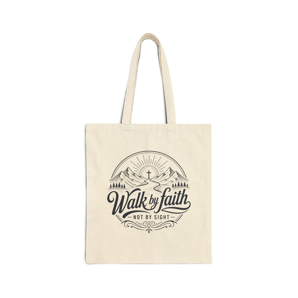 Walk by Faith Tote Bag | Christian Scripture Cross Mountain Design