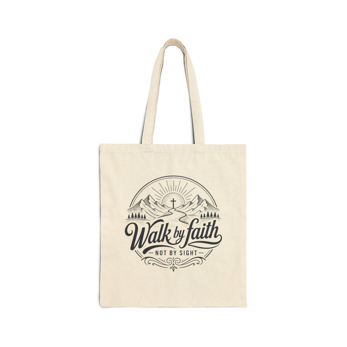 Walk by Faith Tote Bag | Christian Scripture Cross Mountain Design
