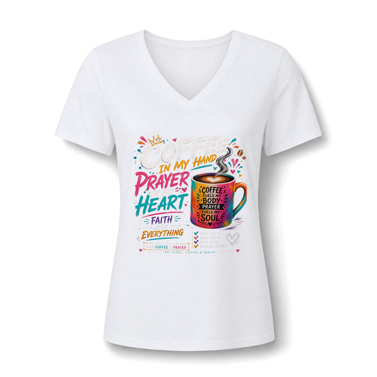 Prayer & Coffee V-Neck Tee — "In My Hand: Prayer, Heart, Faith" Inspirational Women's Shirt
